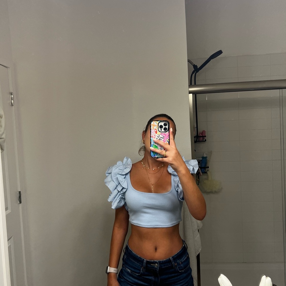 Zara Sky Blue Ruffle Sleeve Crop Top